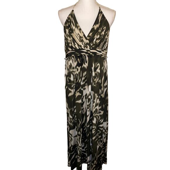 Adrianna Papell Halter Maxi Dress Printed Abstract Babydoll Green Womens 12 - Picture 1 of 9